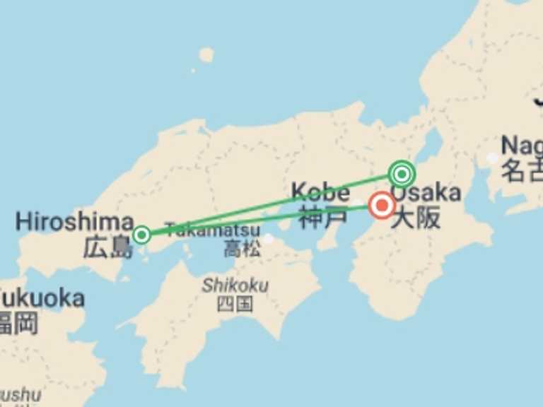 Map itinerary of Asia Tour in April 2027 with 3 destination visits for the trip: Japan: Castles & Cuisine