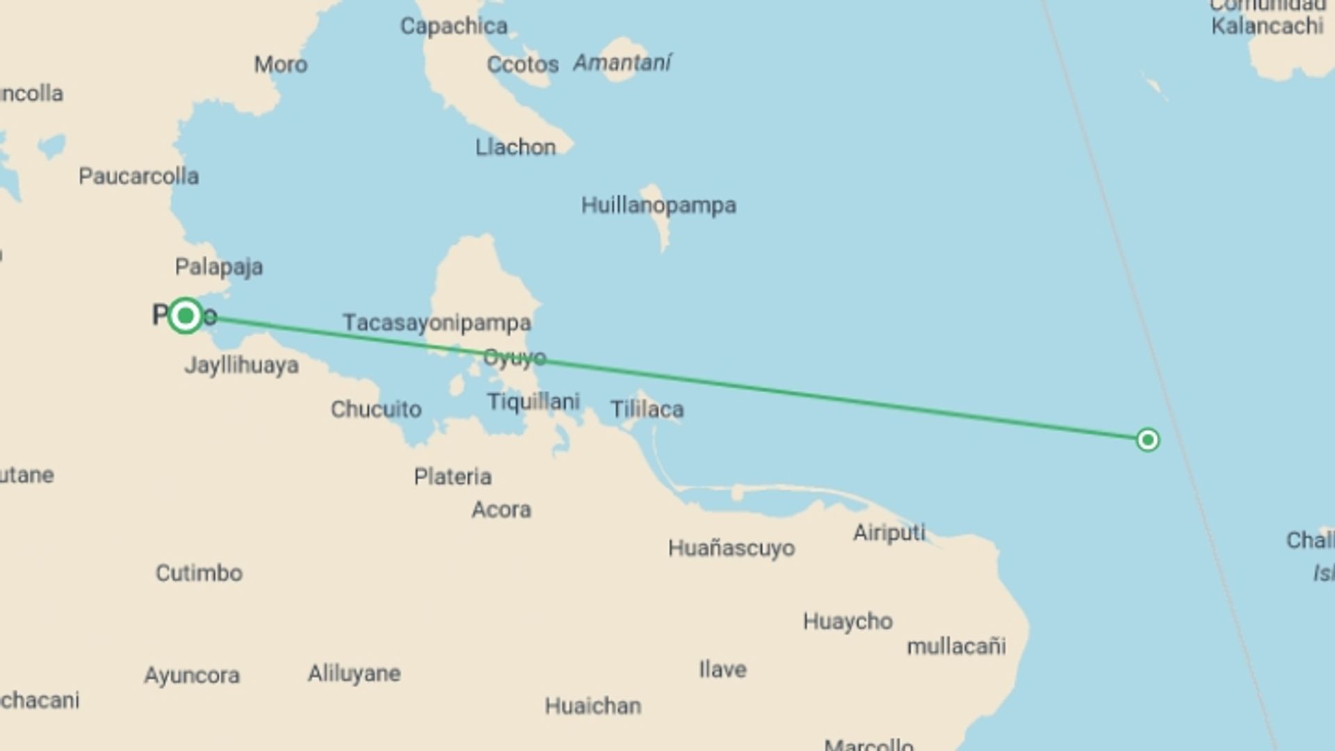 A map showing the tour itinerary for the trip: Uros Kayak Tour with Homestay at Amantani Island, starting in Puno, Peru and ending in Puno, Peru going through 1 other destinations.