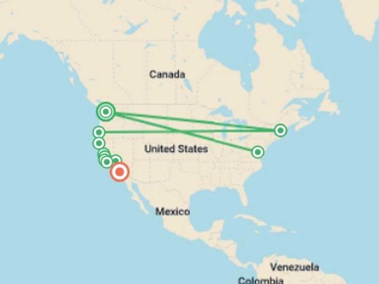 Map itinerary of Washington D.C. Tour in September 2025 with 11 destination visits for the trip: U.S. Small Group Tour - Seattle to Los Angeles