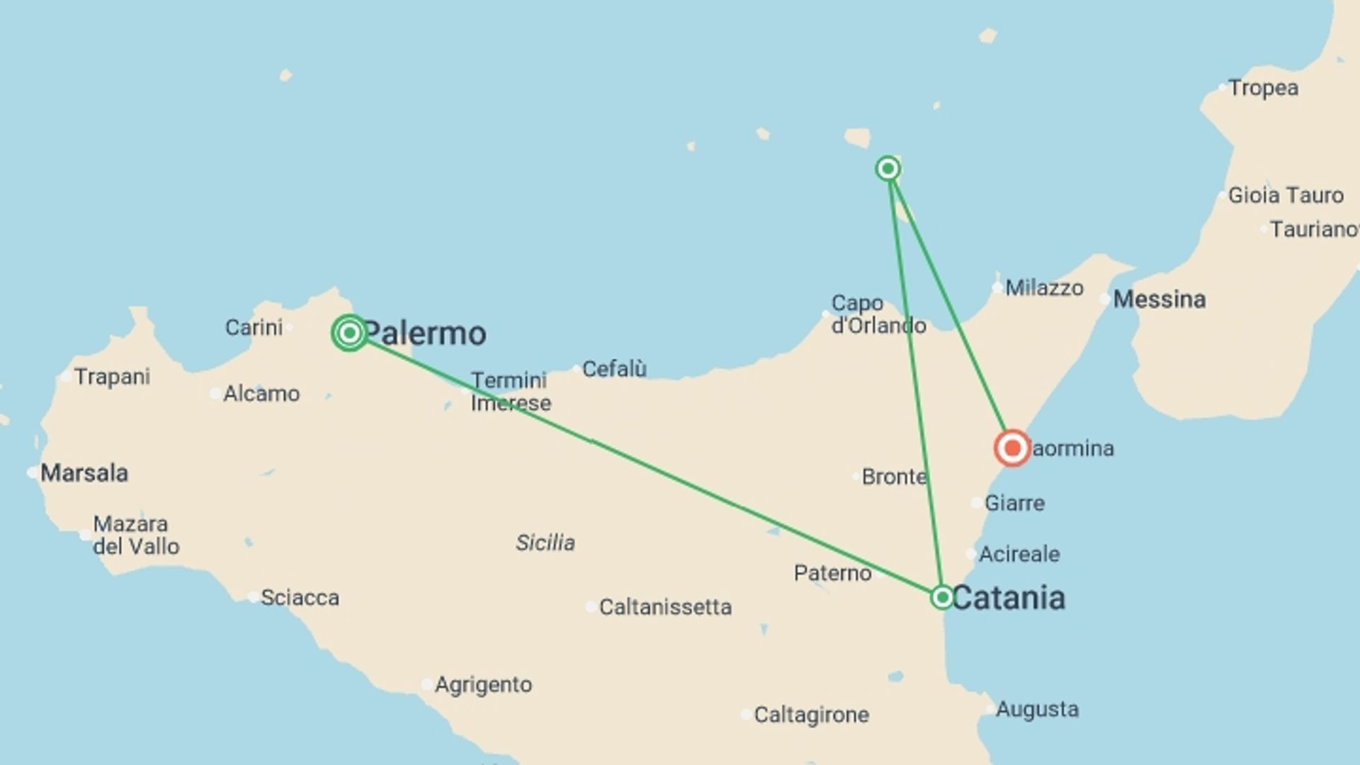 A map showing the tour itinerary for the trip: Palermo, North Sicily & Aeolian Islands - 9 days, starting in Palermo, Italy and ending in Taormina, Italy going through 2 other destinations.