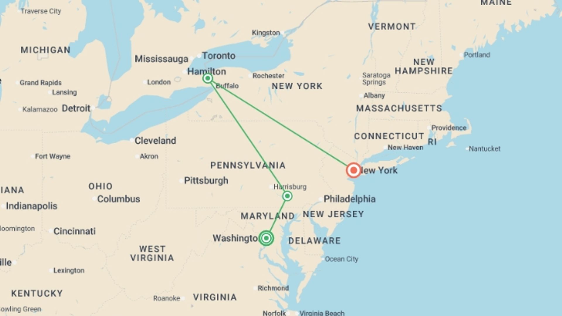 A map showing the tour itinerary for the trip: The Big Apple, Niagara and Washington D.C., starting in Washington D.C., USA and ending in New York, USA going through 2 other destinations.