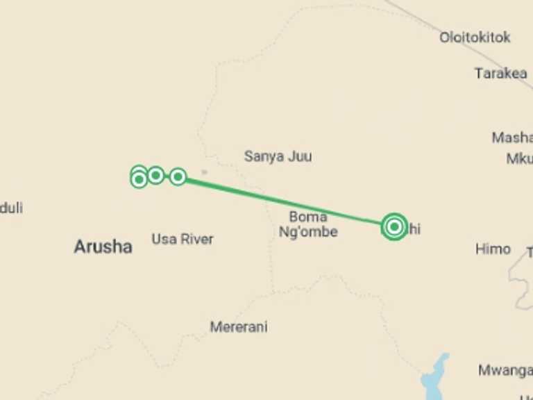 Map of Moshi Climbing Tour with 4 destination visits for the trip: 03 - Days Mount Meru Trek 
