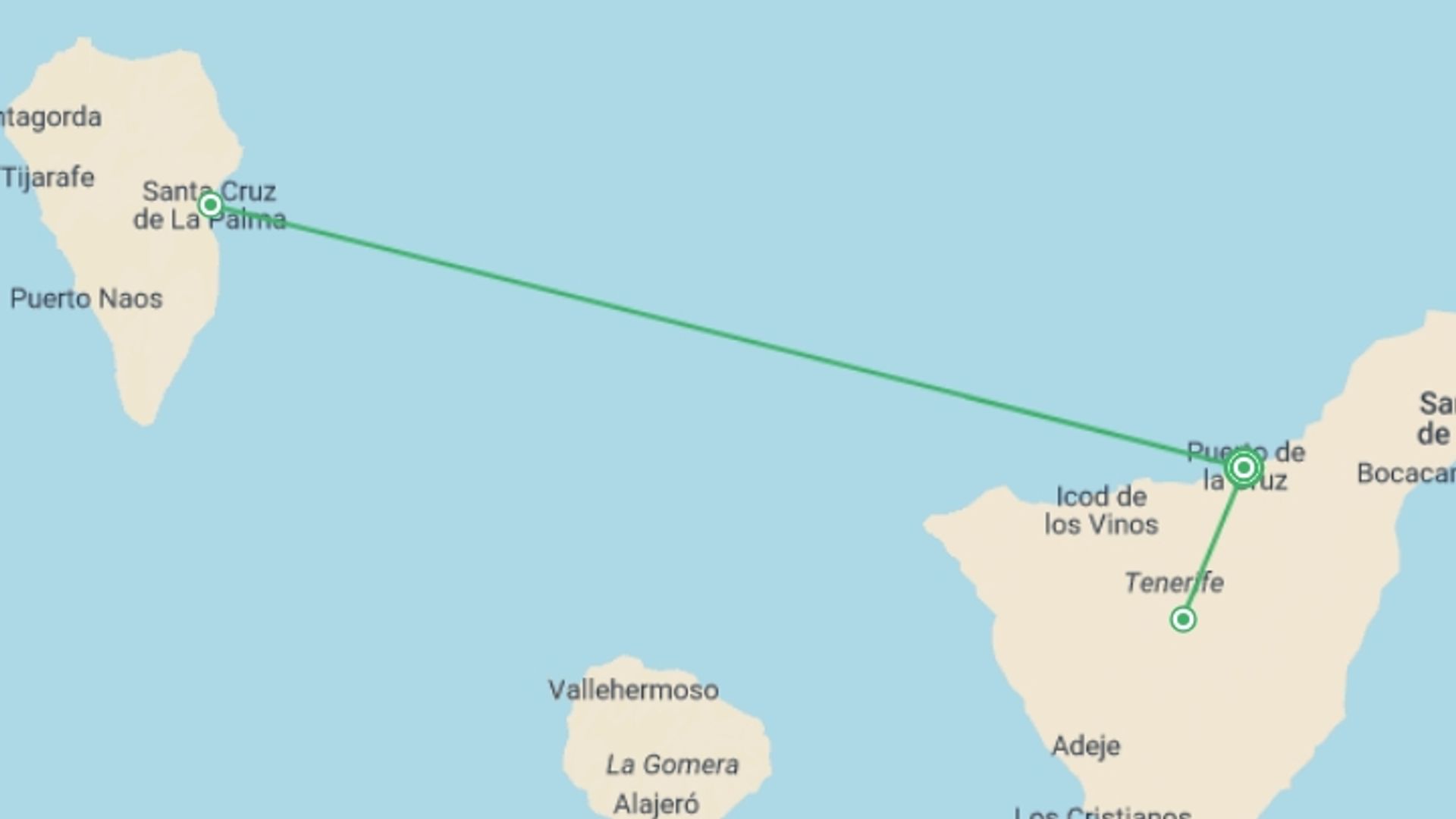 A map showing the tour itinerary for the trip: Tenerife Culture & Beach (4 Star) - 8 days, starting in Puerto De La Cruz, Spain and ending in Puerto De La Cruz, Spain going through 0 other destinations.