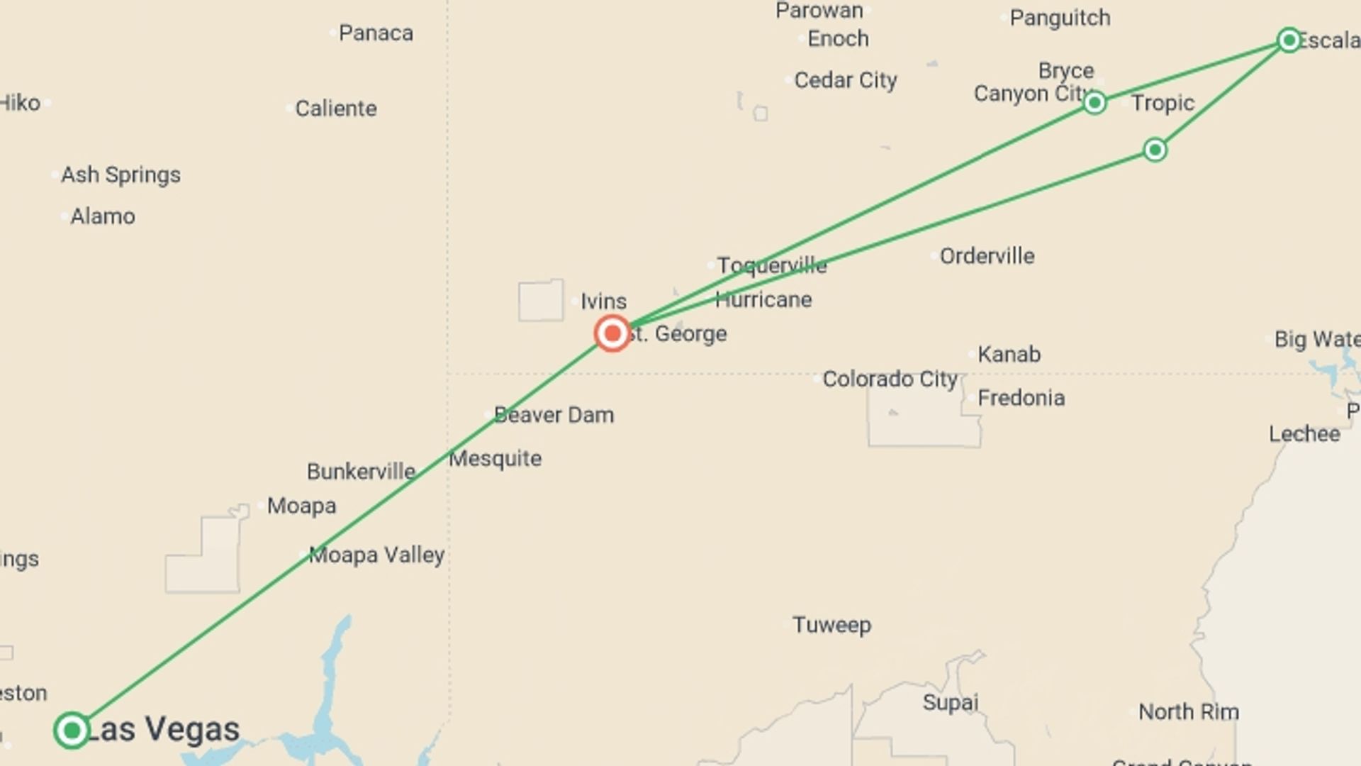 A map showing the tour itinerary for the trip: Utah's Canyons of the Escalante - 7 days, starting in Las Vegas, USA and ending in St. George, UT, USA going through 2 other destinations.