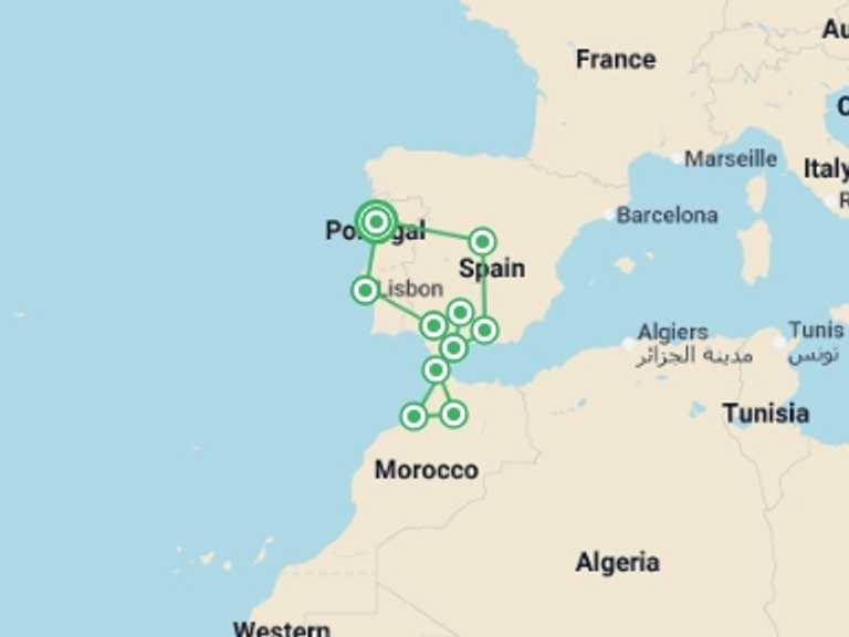 Map of Europe Tour with 10 destination visits for the trip: Porto to Lisbon, Andalucia & Morocco - 15 days