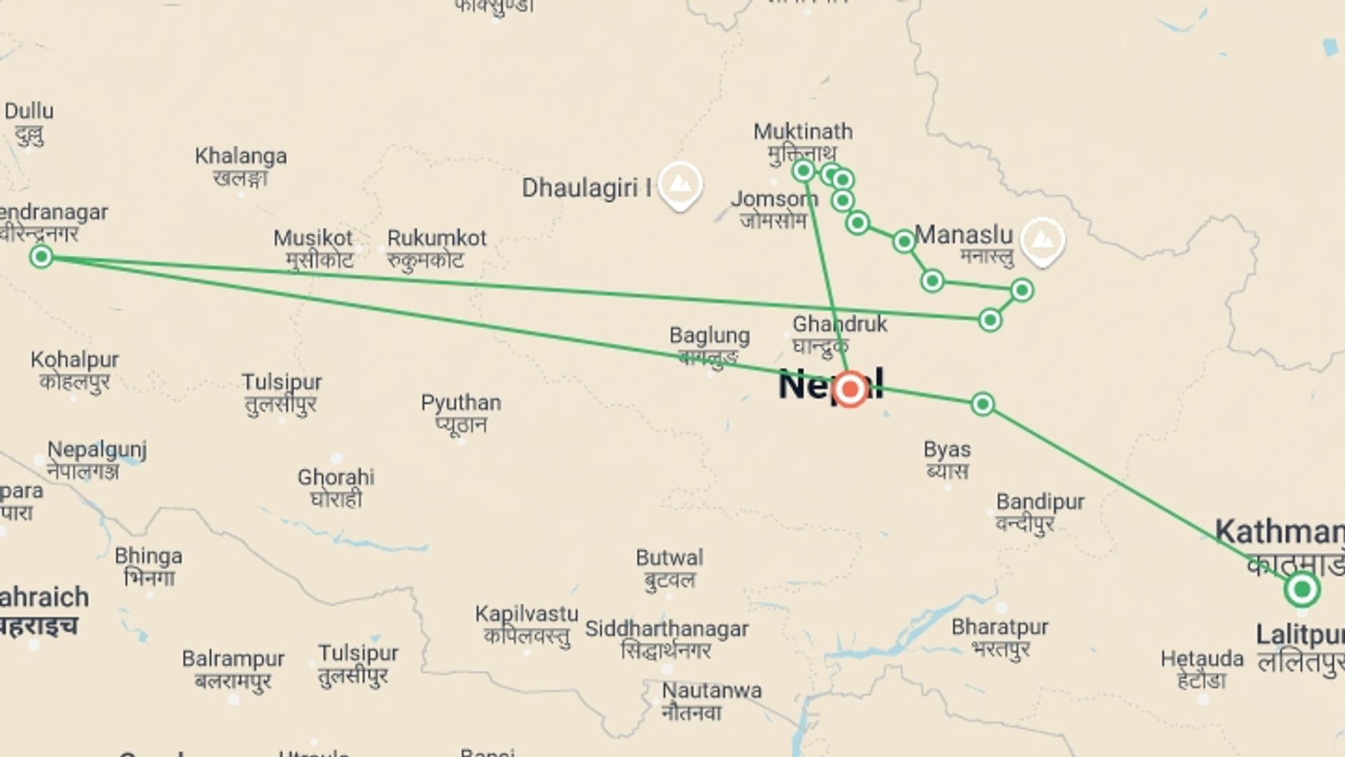 A map showing the tour itinerary for the trip: Annapurna Circuit Trek, starting in Kathmandu, Nepal and ending in Pokhara, Nepal going through 10 other destinations.