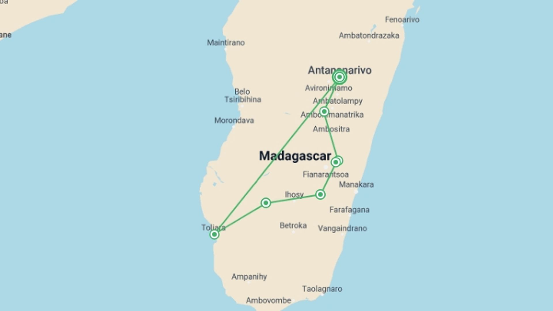 A map showing the tour itinerary for the trip: Unique Madagascar, starting in Antananarivo, Madagascar and ending in Antananarivo, Madagascar going through 6 other destinations.