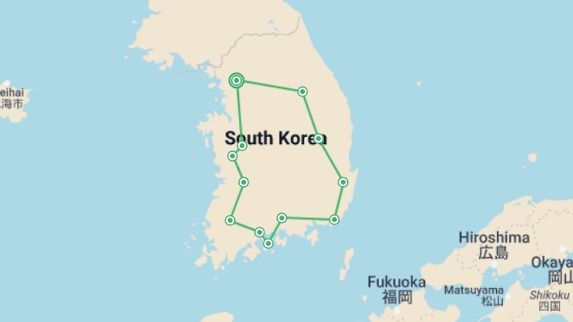 A map showing the tour itinerary for the trip: Picturesque Solo Korea Tour, starting in Seoul, South Korea and ending in Seoul, South Korea going through 4 other destinations.