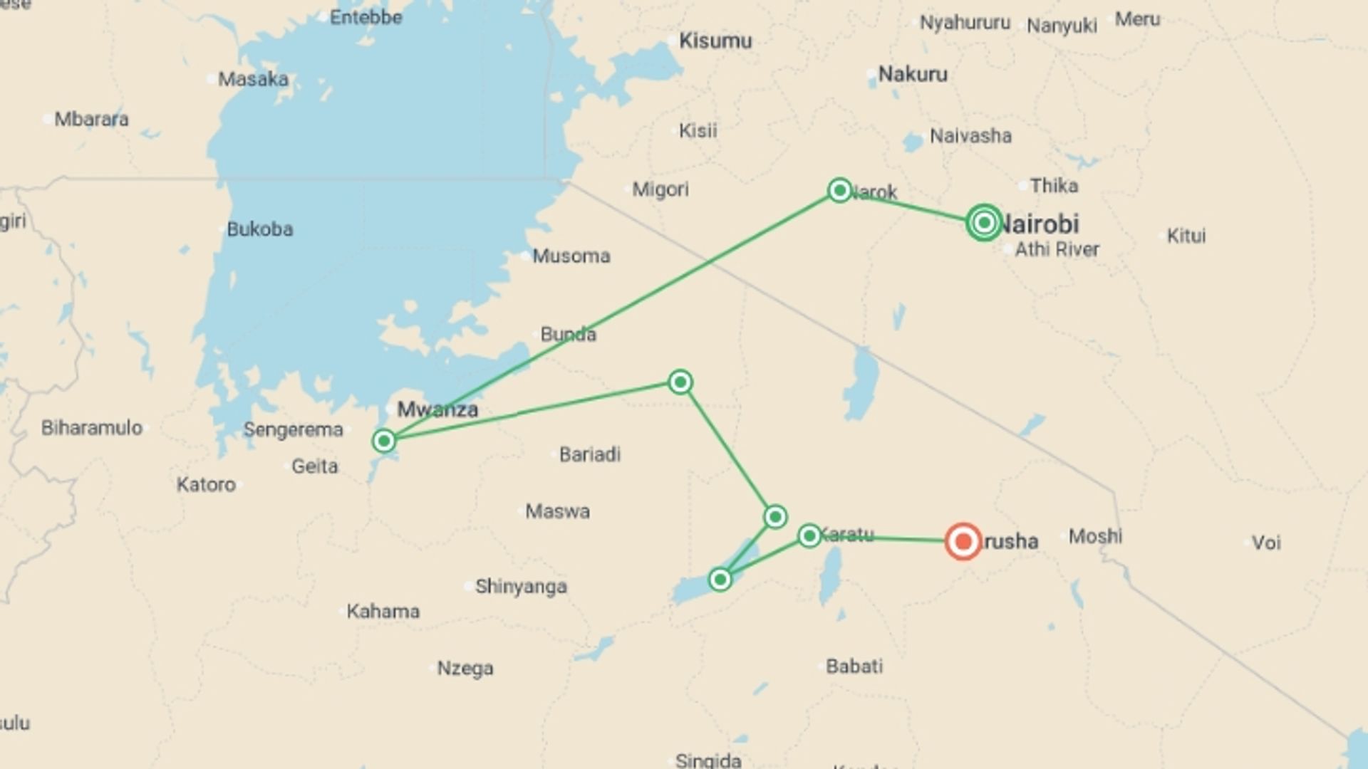 A map showing the tour itinerary for the trip: East Africa Highlights, starting in Nairobi, Kenya and ending in Arusha, Tanzania going through 6 other destinations.