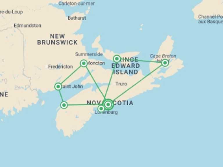 Map itinerary of North America Tour in June 2026 with 7 destination visits for the trip: Highlights of The Maritimes - 13 days