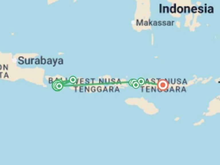 Map of Indonesia Tour with 8 destination visits for the trip: Indonesia Island Hopping