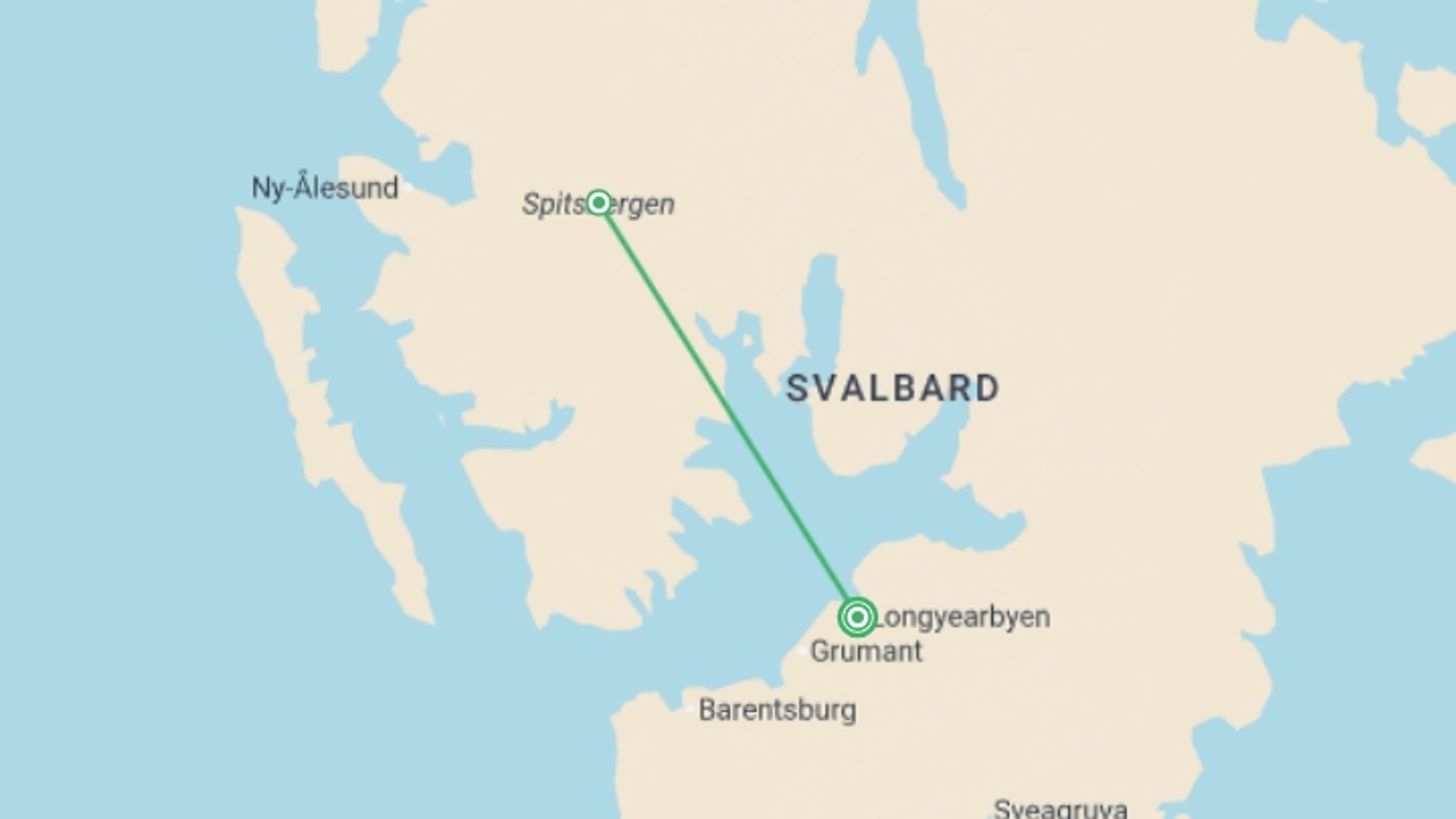 A map showing the tour itinerary for the trip: Realm of the Polar Bear in Depth, starting in Longyearbyen, Norway and ending in Longyearbyen, Norway going through 1 other destinations.