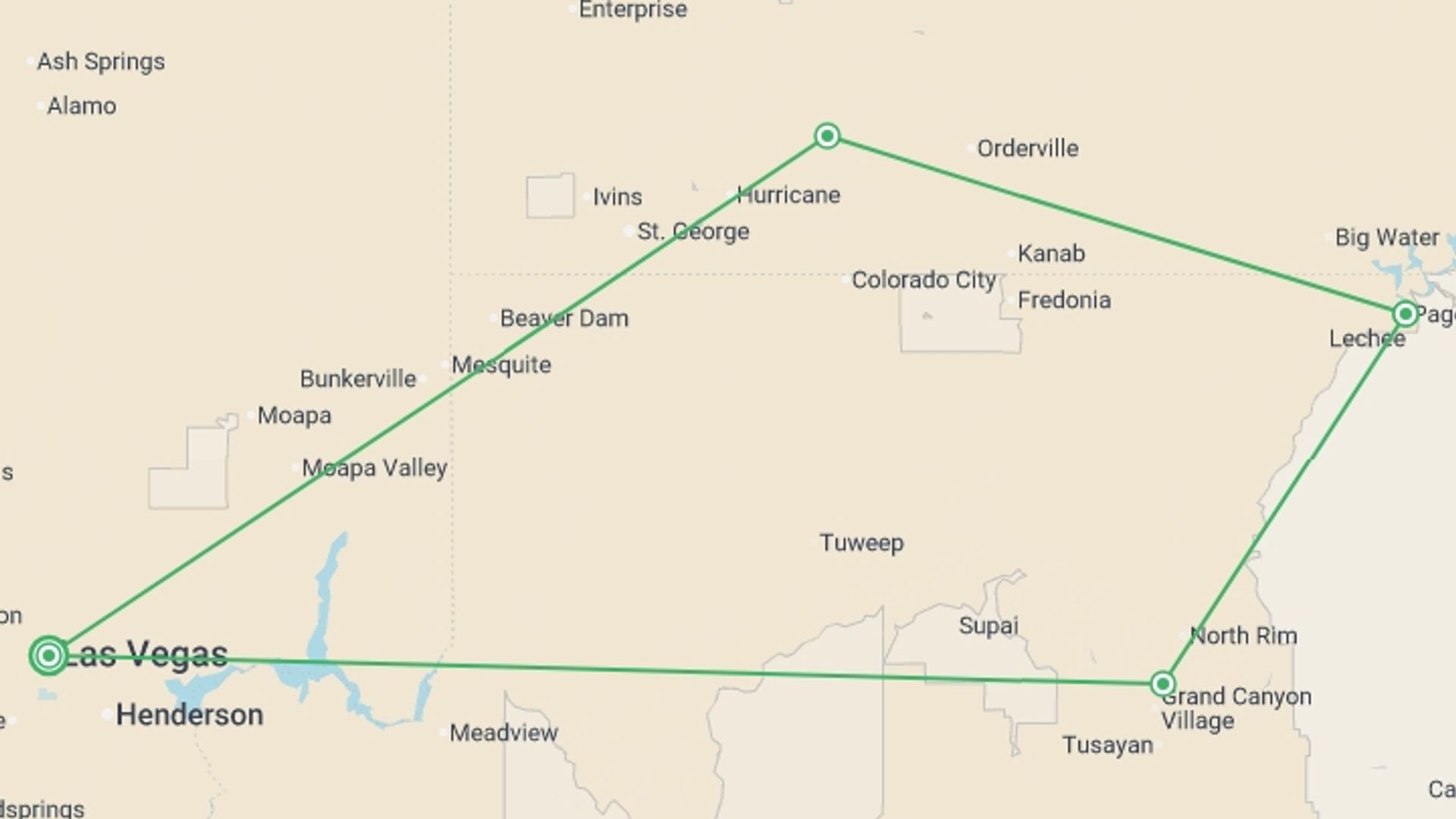 A map showing the tour itinerary for the trip: Western USA National Parks Loop, starting in Las Vegas, USA and ending in Las Vegas, USA going through 3 other destinations.