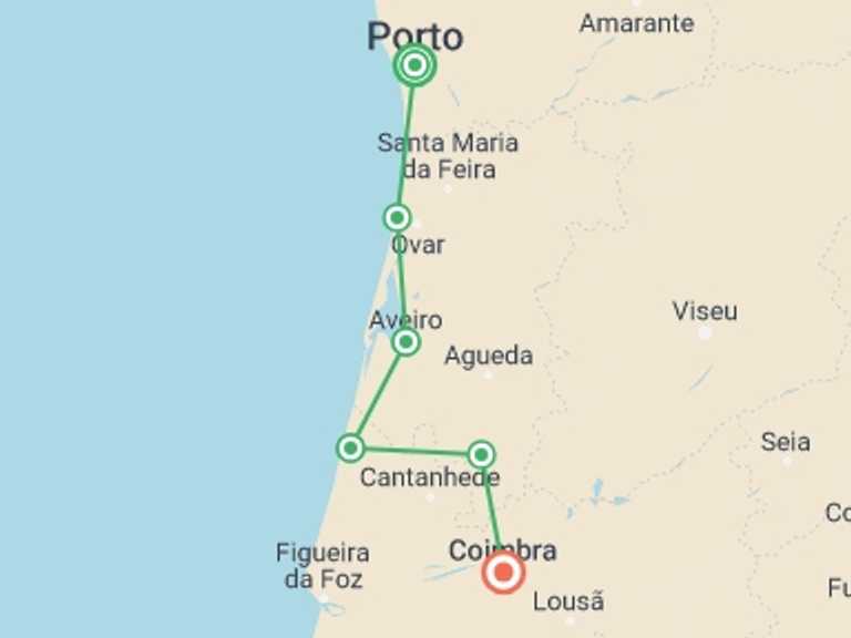 Map itinerary of Porto Tour in Fall with 6 destination visits for the trip: Porto to Coimbra Cycling