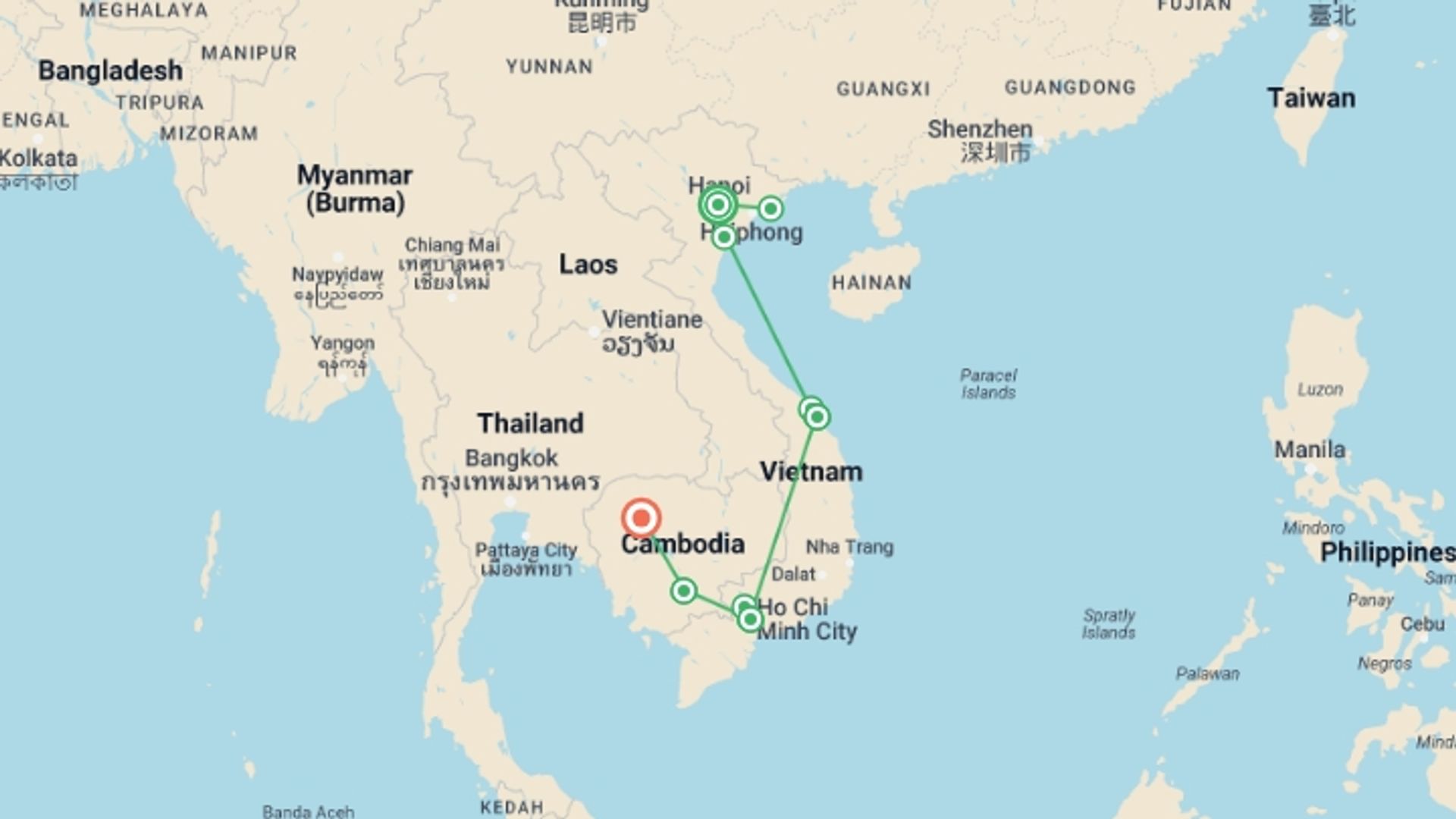 A map showing the tour itinerary for the trip: 2 Weeks Vietnam and Cambodia - Super Saving Package, starting in Hanoi, Vietnam and ending in Siem Reap, Cambodia going through 10 other destinations.