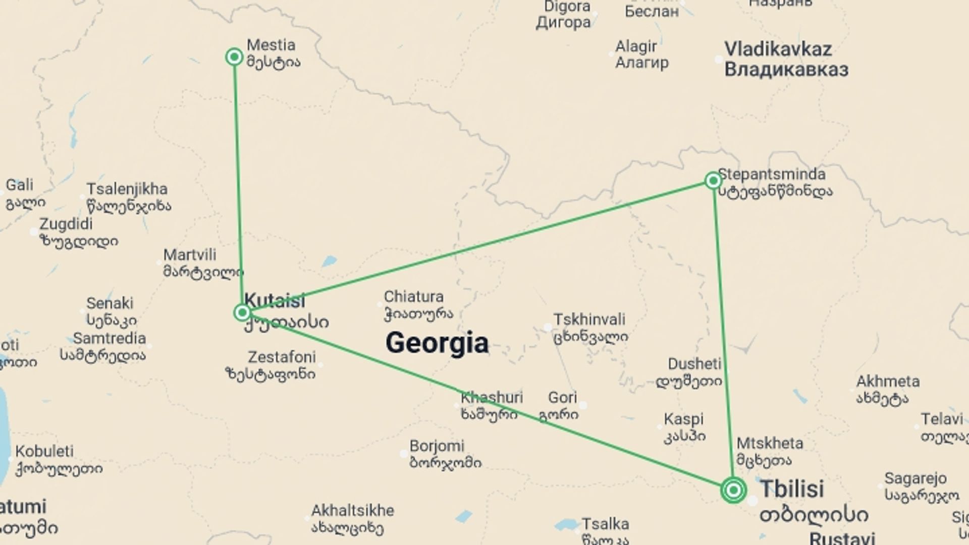 A map showing the tour itinerary for the trip: Best of Georgia, starting in Tbilisi, Georgia and ending in Tbilisi, Georgia going through 3 other destinations.