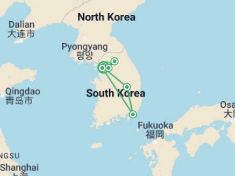Map of 9-Day South Korea Tour with 7 destination visits for the trip: Authentic Korea by Bicycle