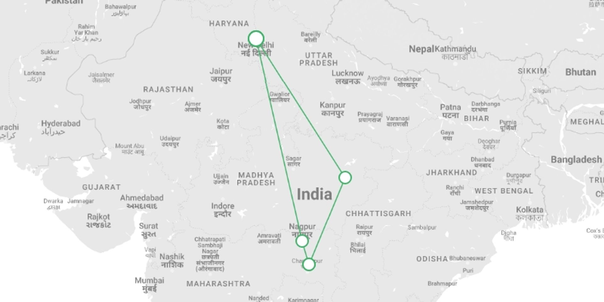 A map showing the tour itinerary for the trip: India Photography Safari with Paul Goldstein, starting in undefined, India and ending in undefined, India going through 0 other destinations.