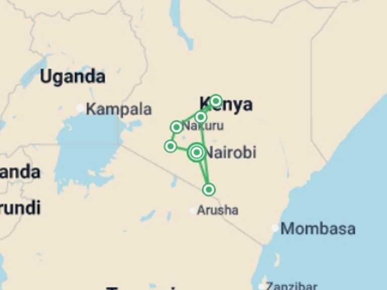 Map itinerary of Africa Tour in November 2026 with 6 destination visits for the trip: Highlights of Kenya - 11 days
