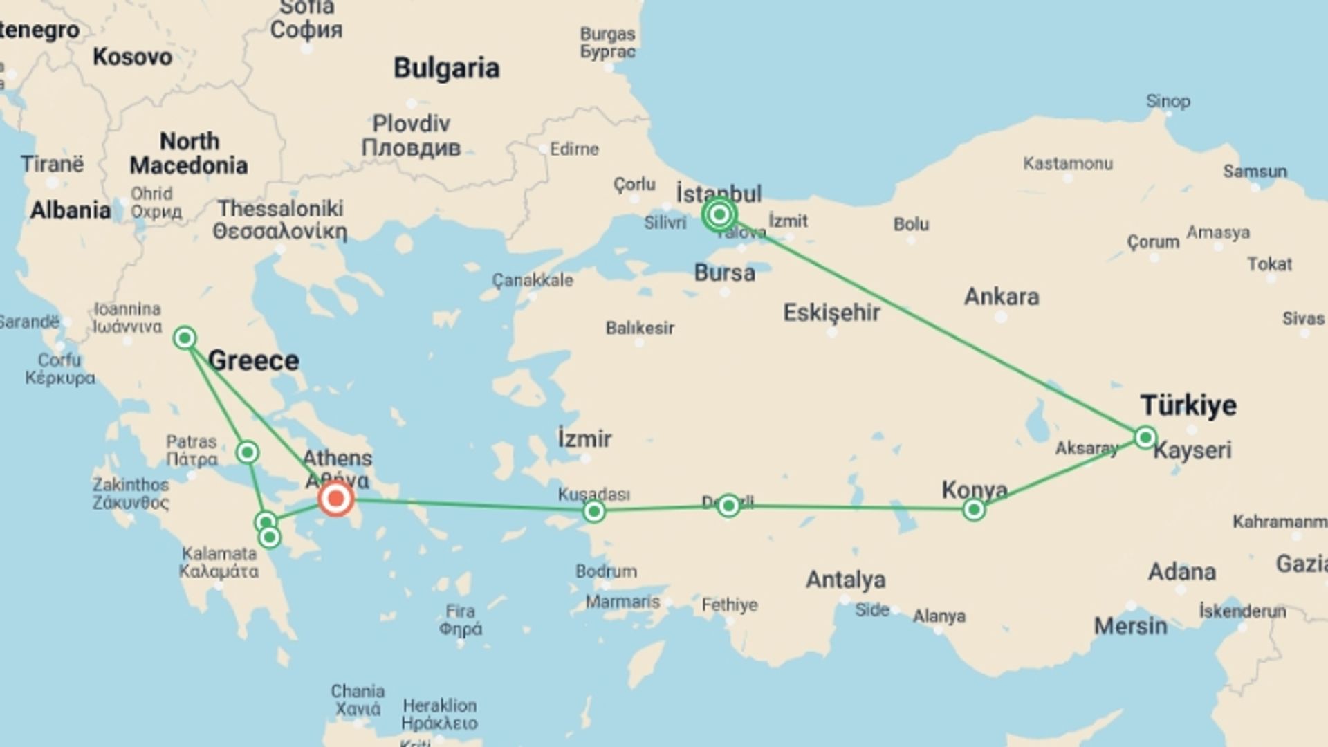 A map showing the tour itinerary for the trip: Best of Turkey and Greece Tour, starting in Istanbul, Turkey and ending in Athens, Greece going through 7 other destinations.