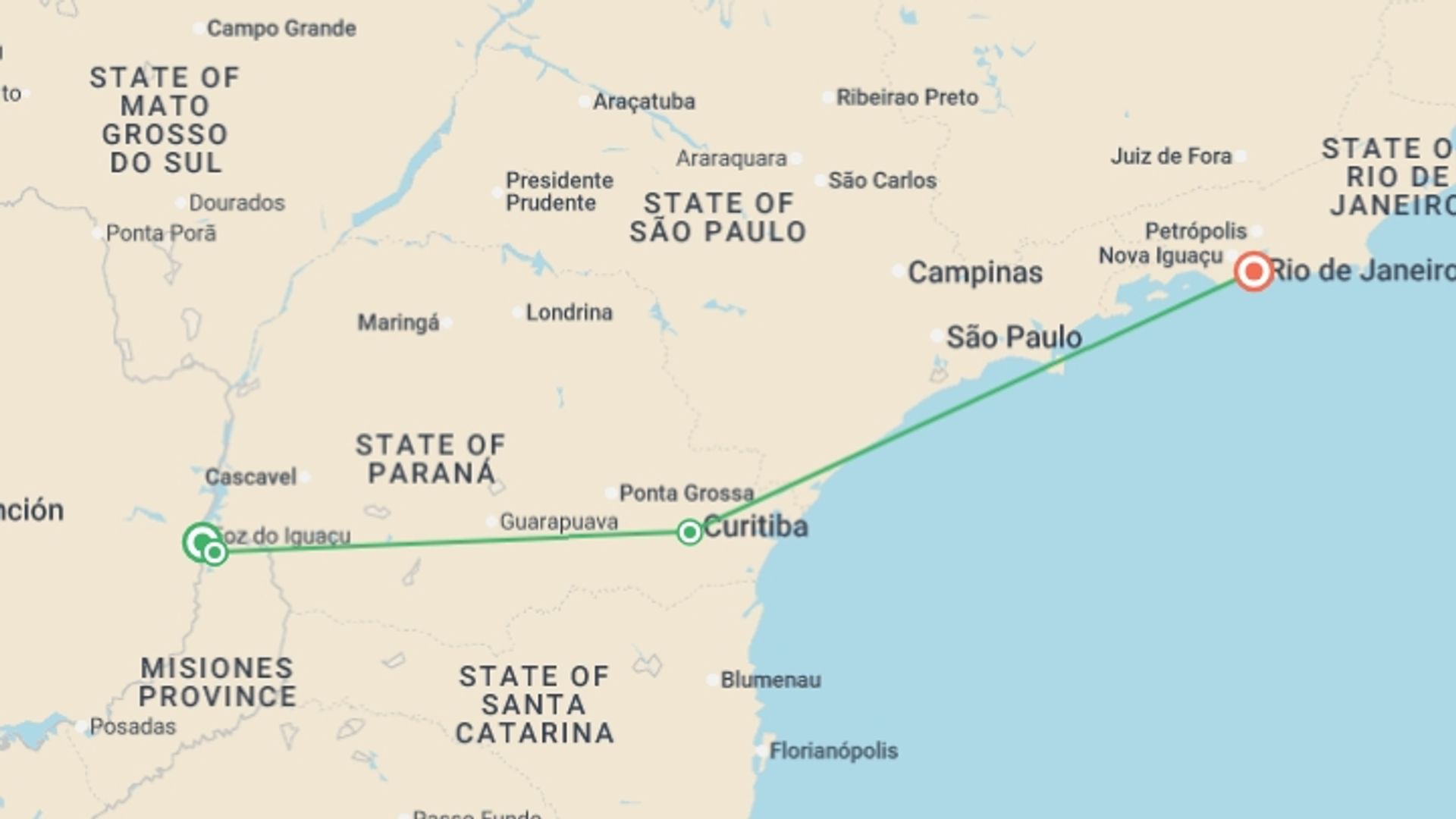 A map showing the tour itinerary for the trip: Way to Rio - 10 days, starting in Puerto Iguazu, Argentina and ending in Rio de Janeiro, Brazil going through 2 other destinations.