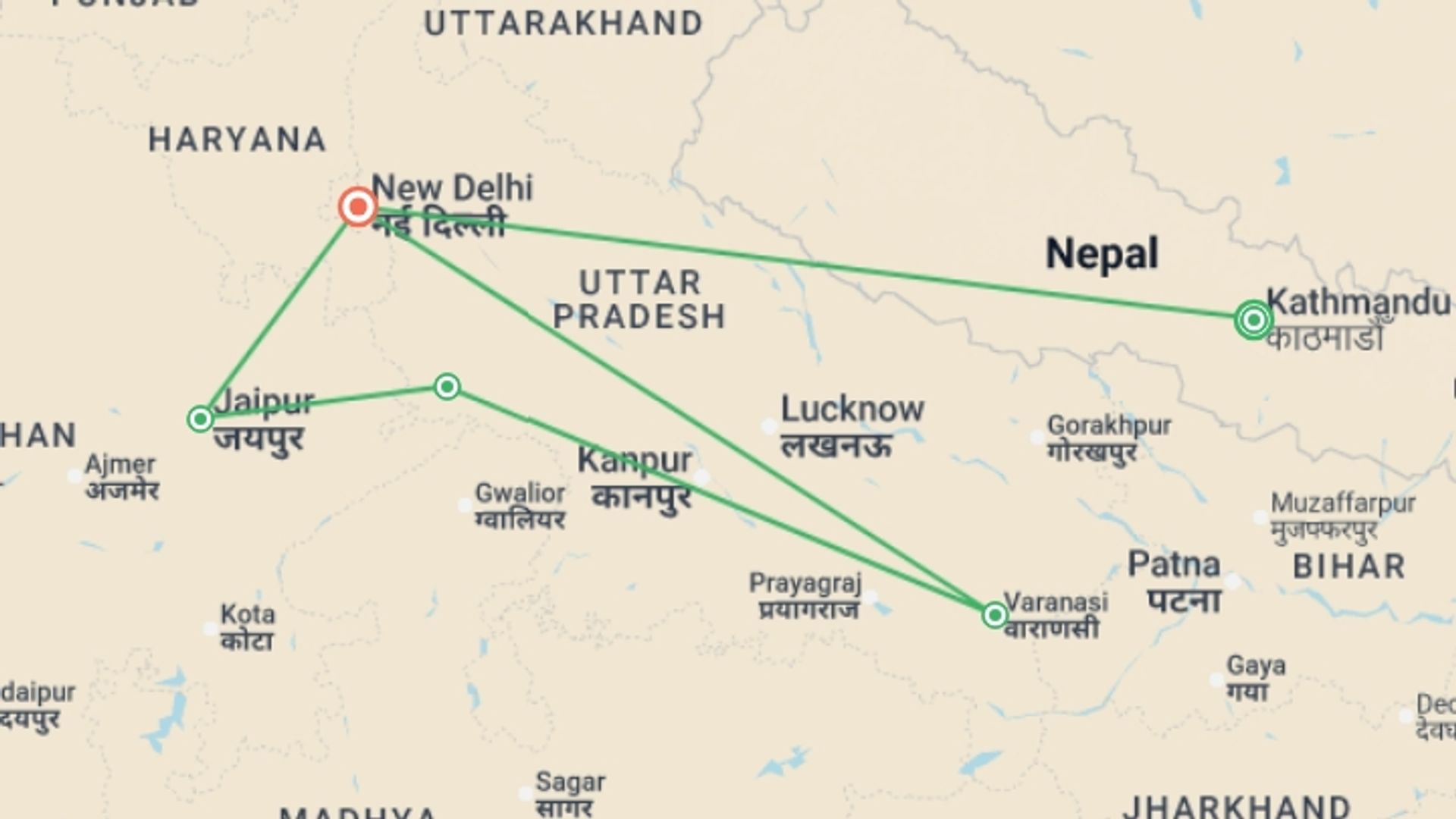 A map showing the tour itinerary for the trip: Classical India with Nepal, starting in Kathmandu, Nepal and ending in New Delhi, India going through 3 other destinations.