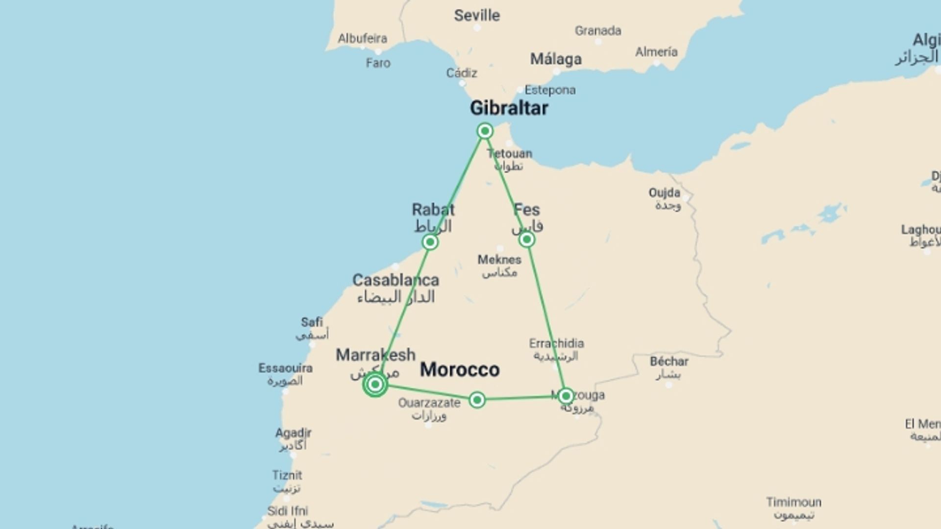 A map showing the tour itinerary for the trip: Fable of Morocco ROT, starting in Marrakech, Morocco and ending in Marrakech, Morocco going through 5 other destinations.