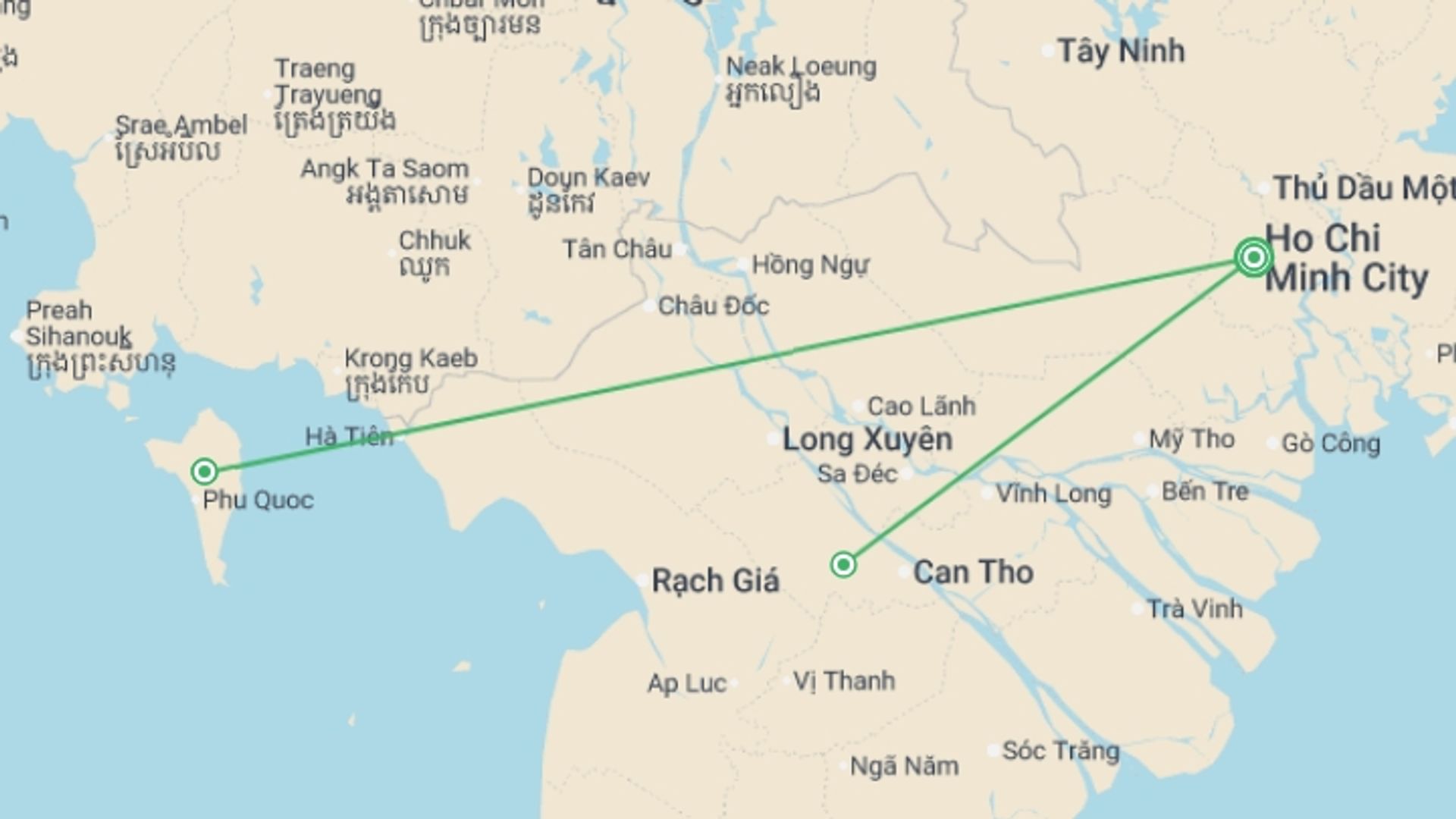 A map showing the tour itinerary for the trip: Saigon, Mekong & Phu Quoc Beach Break (Superior) - 9 days, starting in Ho Chi Minh City, Vietnam and ending in Ho Chi Minh City, Vietnam going through 1 other destinations.