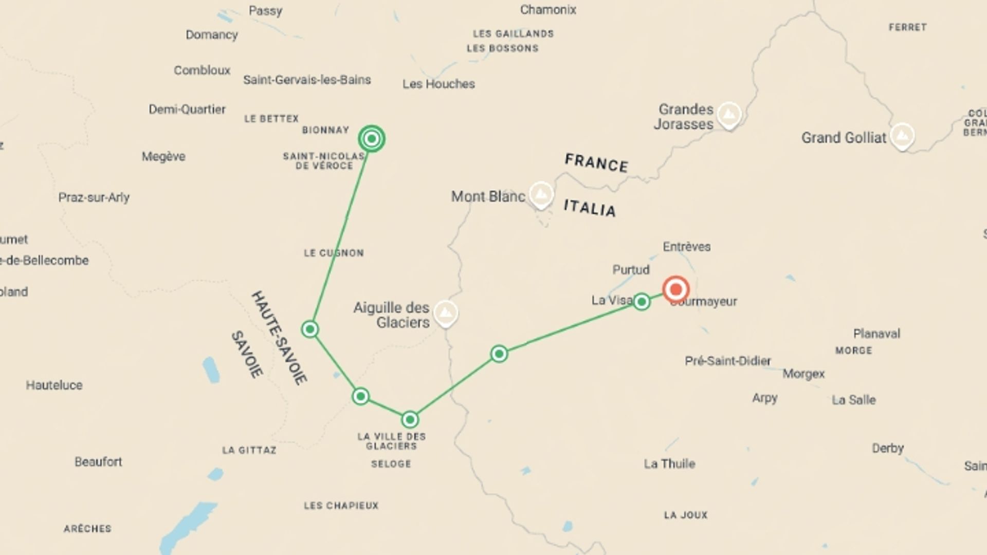 A map showing the tour itinerary for the trip: Mont Blanc Family Guided Hike from France, starting in Bionnassay, France and ending in Courmayeur, Italy going through 6 other destinations.
