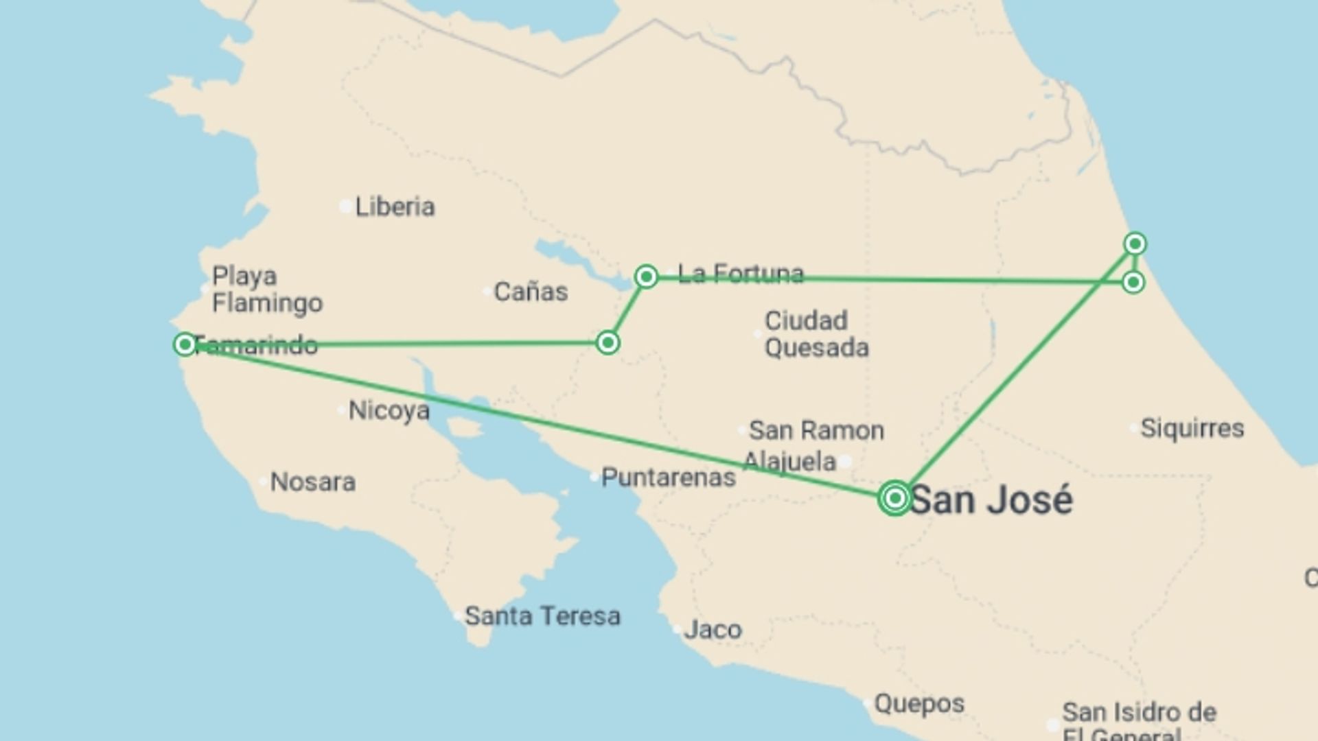 A map showing the tour itinerary for the trip: Costa Rica Highlights, 10 Days, starting in San Jose, Costa Rica and ending in San Jose, Costa Rica going through 6 other destinations.