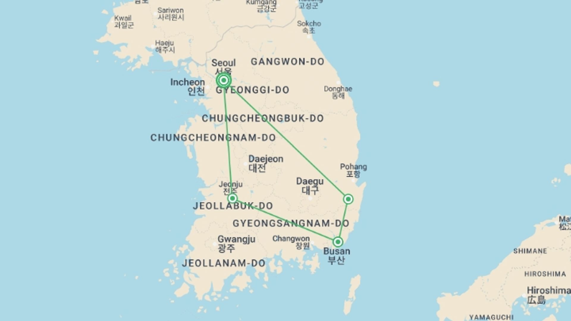 A map showing the tour itinerary for the trip: Delve Deep: South Korea, starting in Seoul, South Korea and ending in Seoul, South Korea going through 2 other destinations.