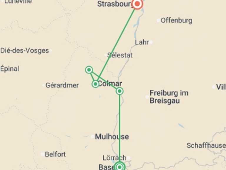 Map of Europe Tour with 4 destination visits for the trip: Magical Christmas extravaganzas in Switzerland and Alsace along the Rhine (port-to-port cruise)
