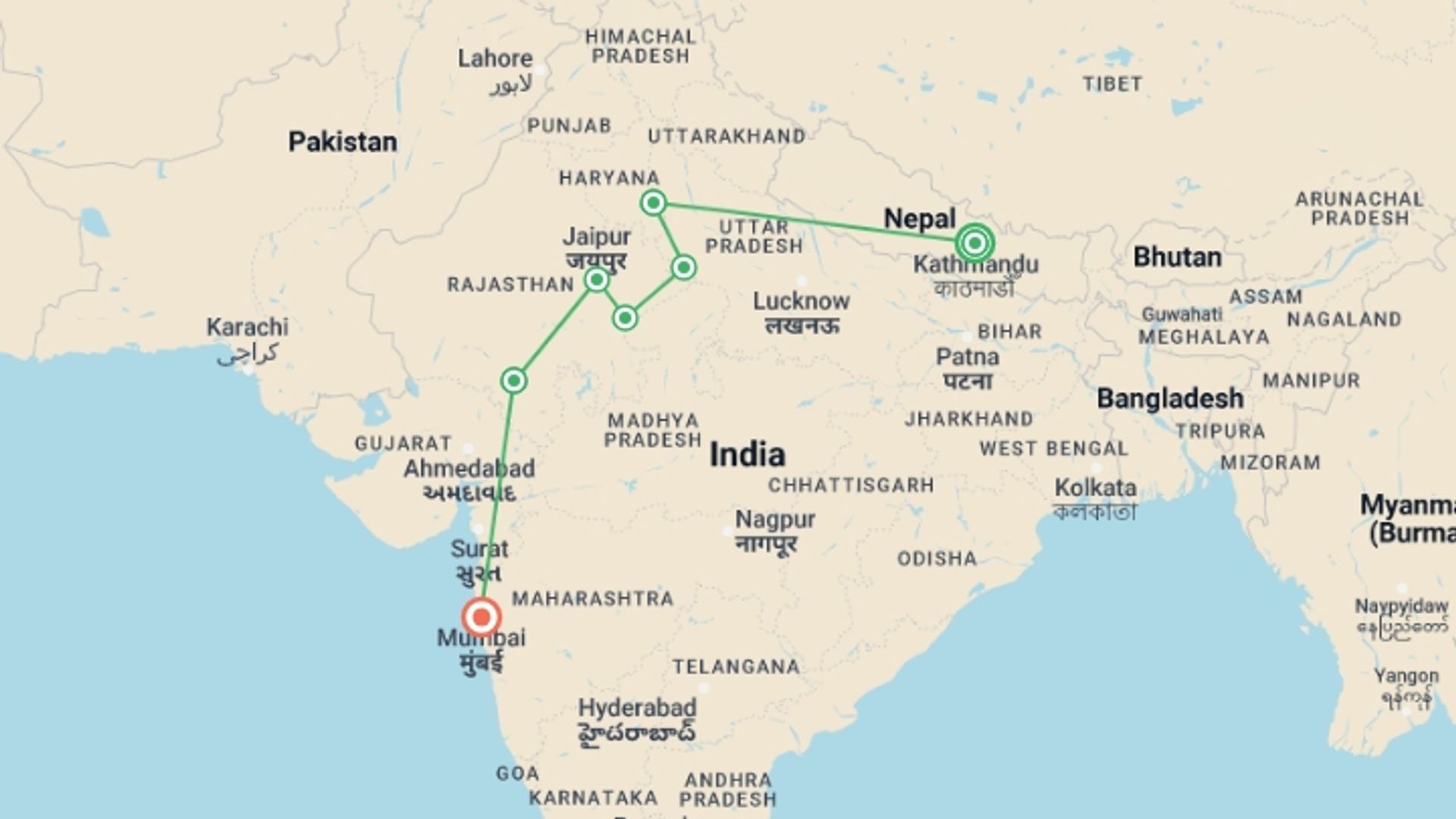 A map showing the tour itinerary for the trip: Majestic Nepal and India Luxury Tour, starting in Kathmandu, Nepal and ending in Mumbai, India going through 5 other destinations.