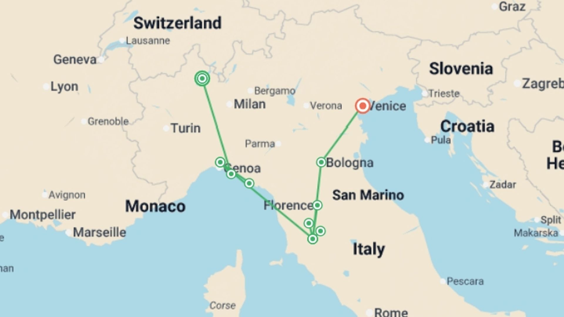 A map showing the tour itinerary for the trip: Italy's Treasures Art, Food & Wine of Italy, starting in Stresa, Italy and ending in Venice, Italy going through 3 other destinations.