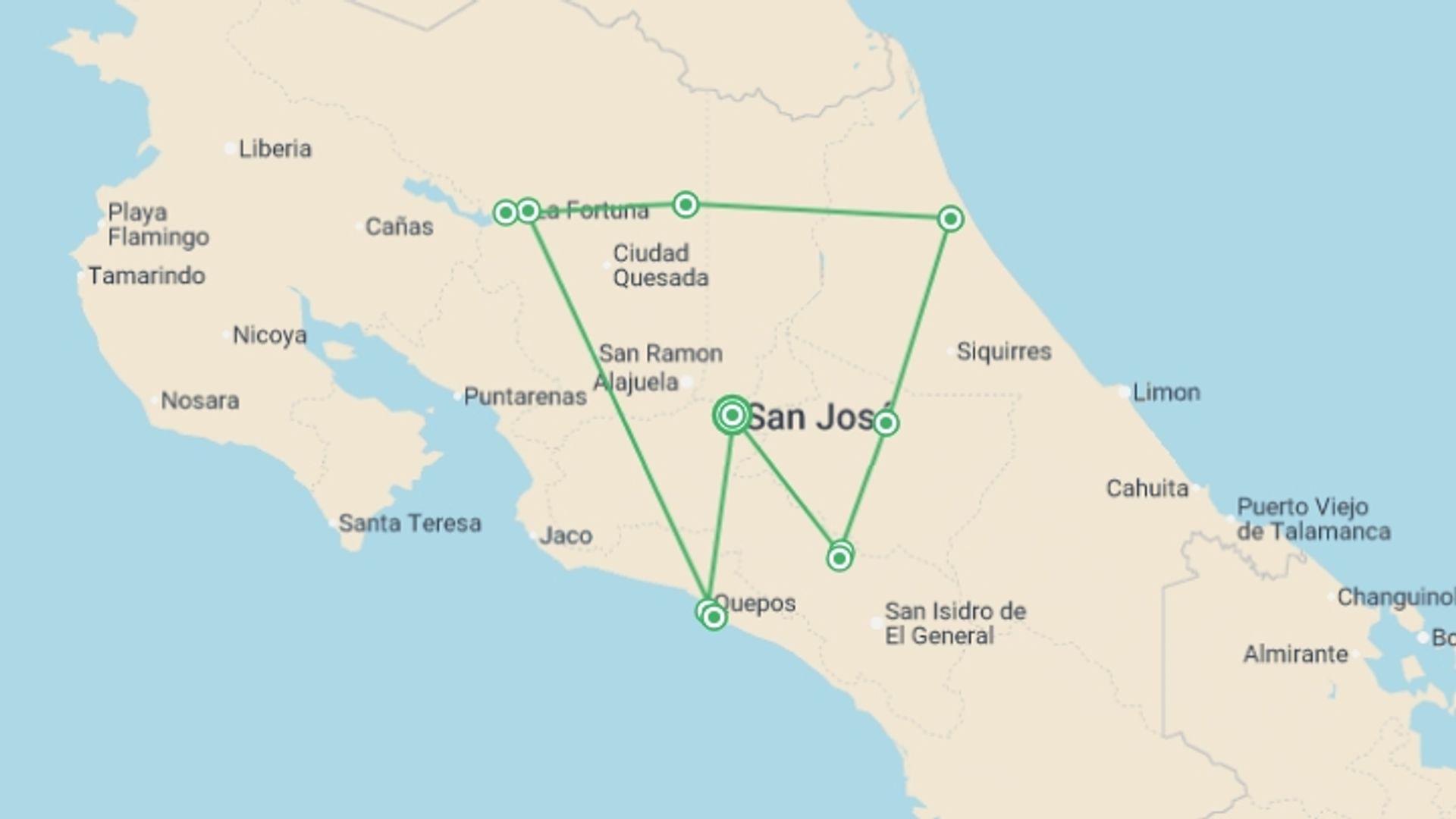A map showing the tour itinerary for the trip: Costa Rica Wildlife Tour, starting in San Jose, Costa Rica and ending in San Jose, Costa Rica going through 9 other destinations.