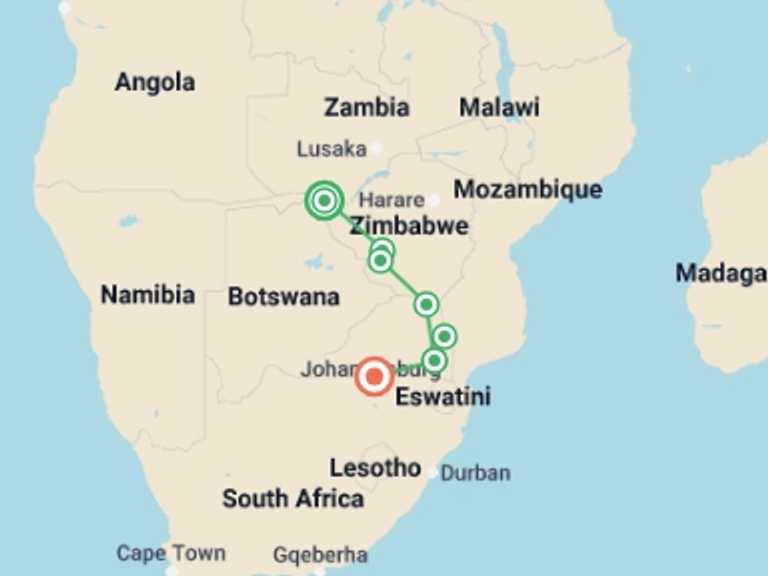 Map itinerary of Pretoria Tour in January 2026 with 7 destination visits for the trip: 7-day Victoria Falls to Kruger Camping