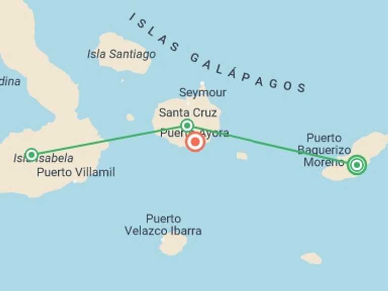 Map itinerary of Quito Tour in December 2026 with 6 destination visits for the trip: Galapagos Experience