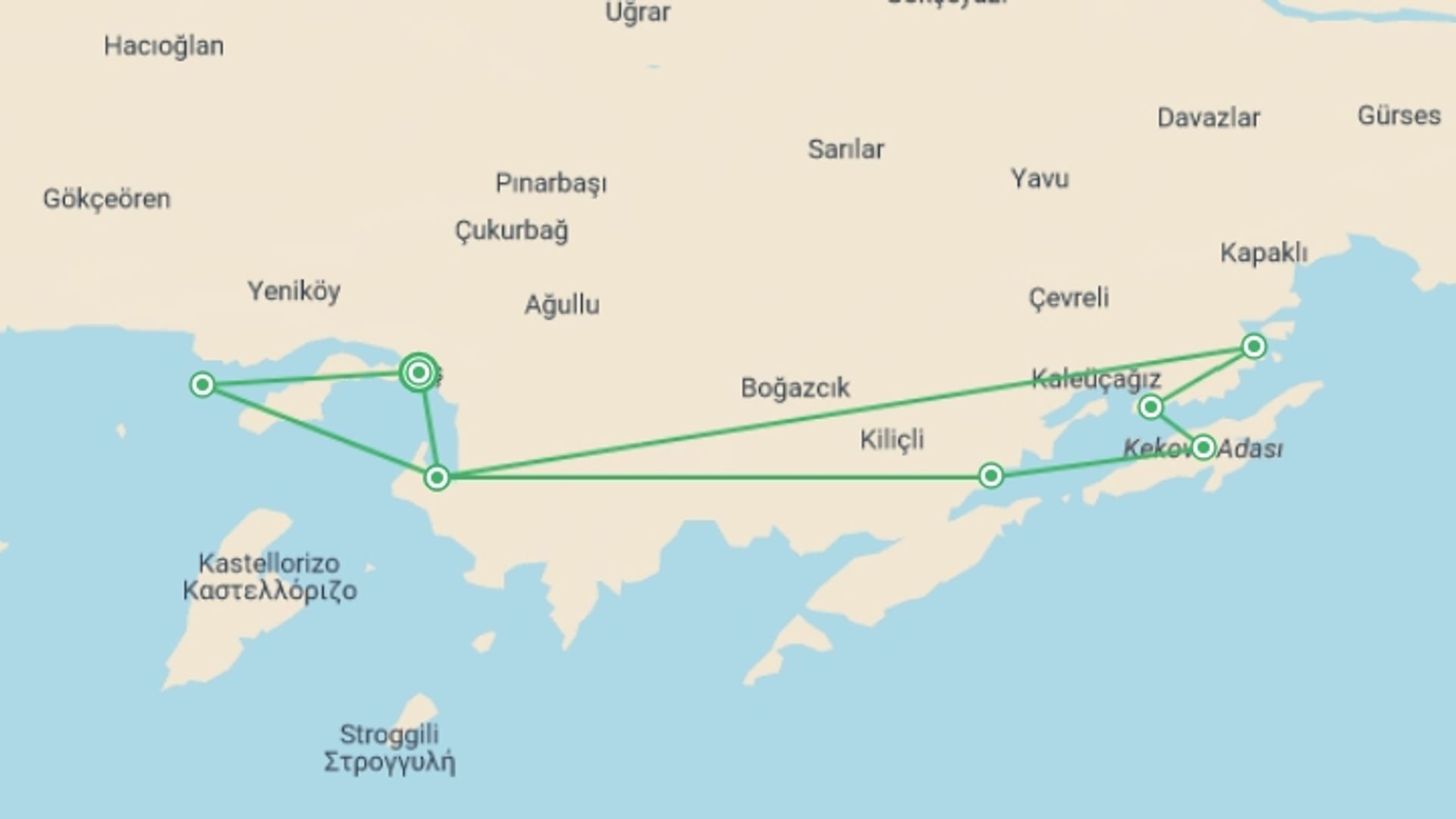 A map showing the tour itinerary for the trip: Kas & Kekova Cruise - 4 days, starting in Kas, Turkey and ending in Kas, Turkey going through 1 other destinations.