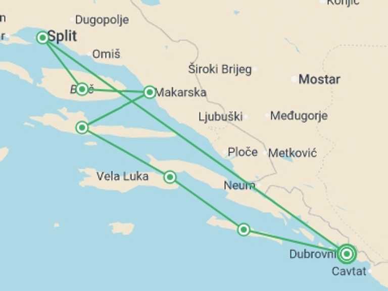 Map itinerary of Split Tour in August 2027 with 7 destination visits for the trip: Croatia Sail – 18 to 35s / Premier Boat
