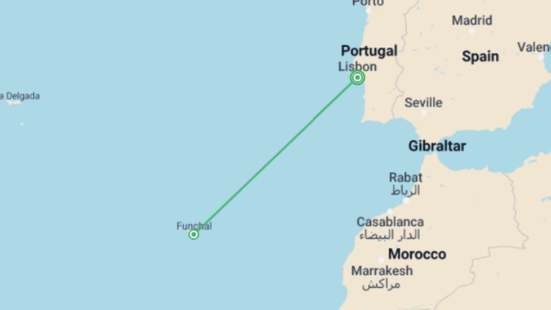 A map showing the tour itinerary for the trip: Portugal and its Islands, starting in Lisbon, Portugal and ending in Lisbon, Portugal going through 1 other destinations.