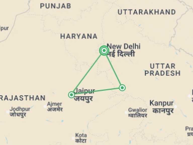 Map of New Delhi Explorer Tour with 3 destination visits for the trip: Golden Triangle Experience 8D/7N