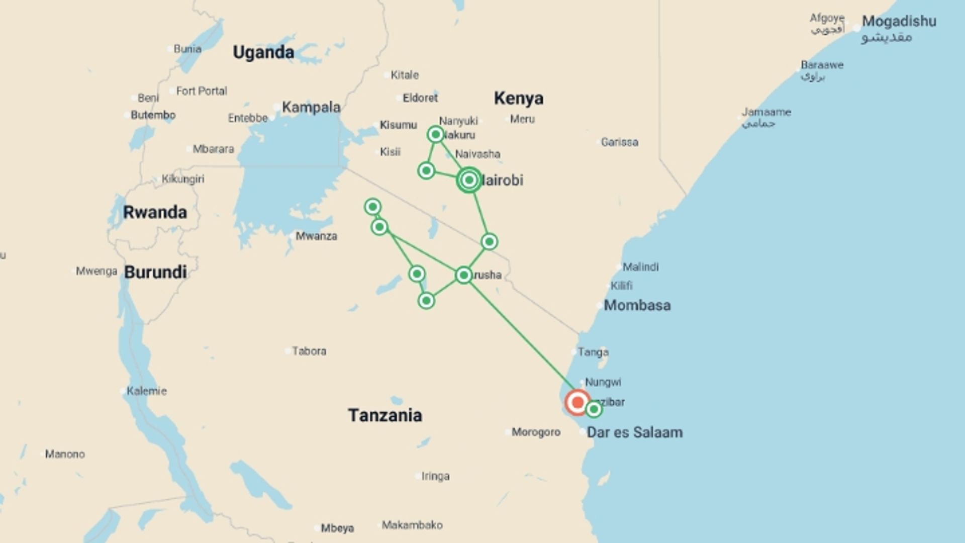 A map showing the tour itinerary for the trip: Kenya and Tanzania: Safari Adventures & Coastal East Africa, starting in Nairobi, Kenya and ending in Zanzibar, Tanzania going through 10 other destinations.