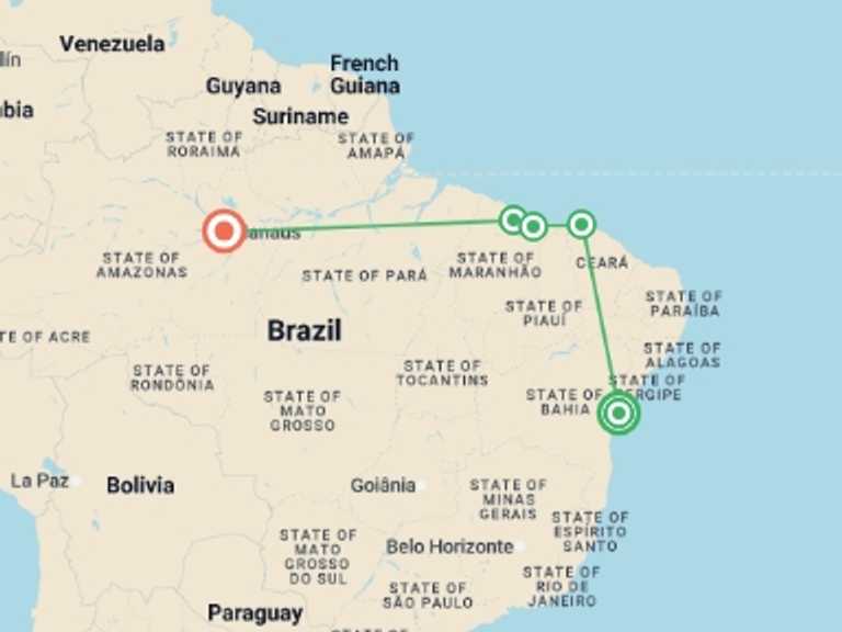 Map of South America Tour with 5 destination visits for the trip: North Brazil: See & Experience it all in 13 Days