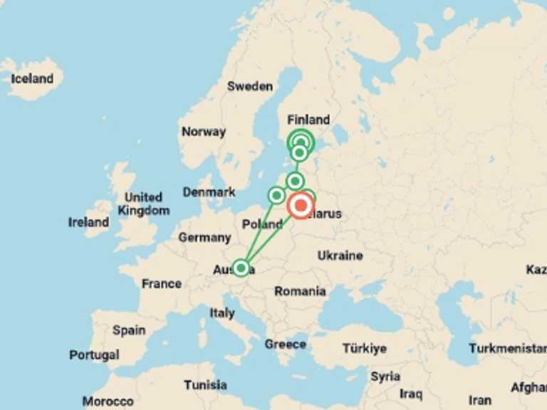 Map itinerary of Europe Tour in July 2026 with 8 destination visits for the trip: Baltic Experience
