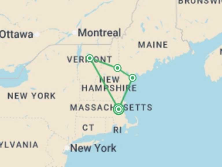 Map of North America Tour with 5 destination visits for the trip: Colors of New England 
