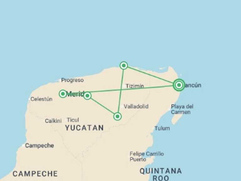 Map of Mexico Tour with 3 destination visits for the trip: Yucatan Pearls