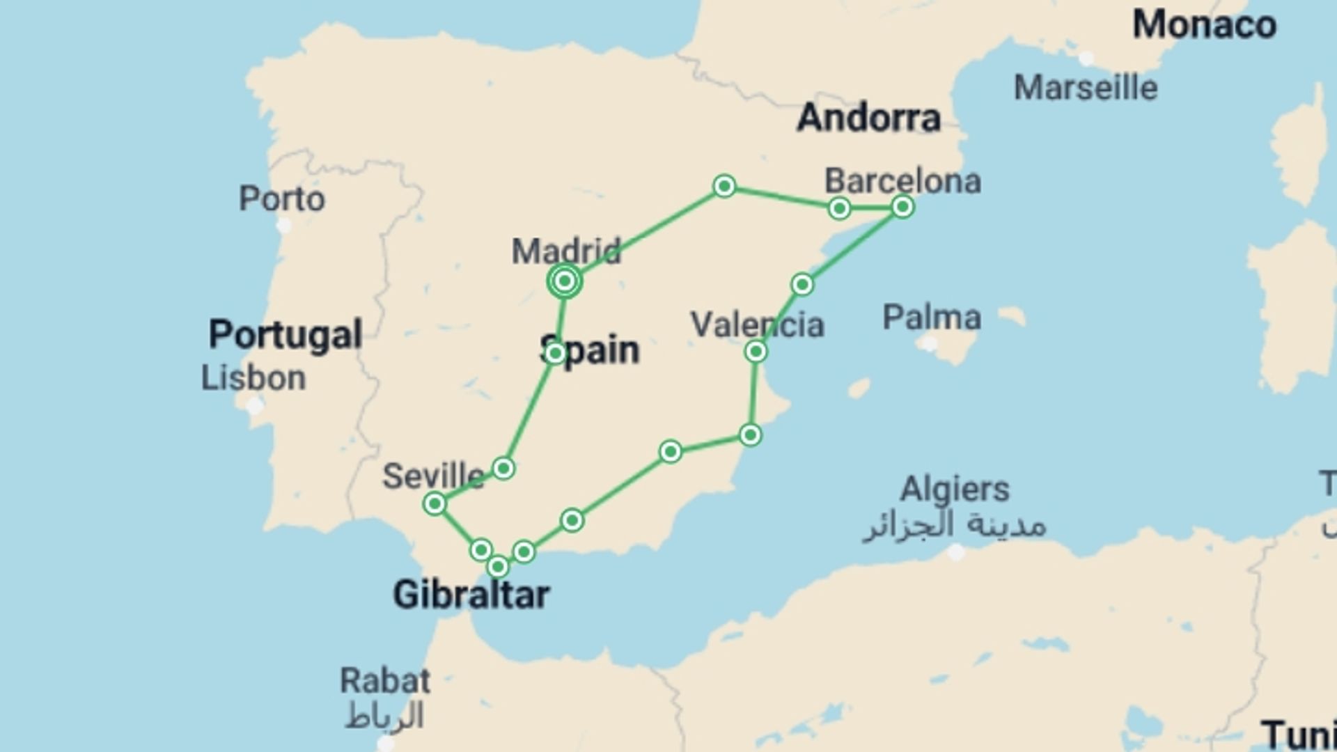 A map showing the tour itinerary for the trip: Spanish Ring (without Alhambra), starting in Madrid, Spain and ending in Madrid, Spain going through 4 other destinations.
