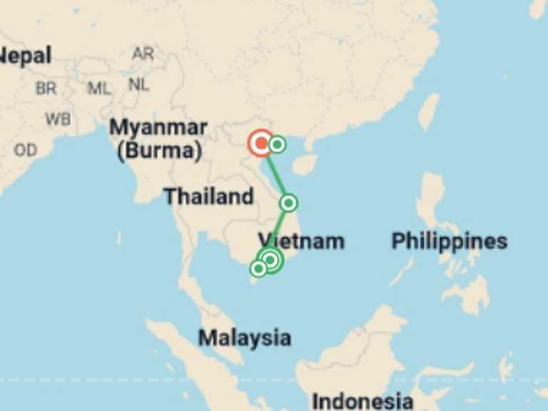 Map itinerary of Vietnam Tour in July 2026 with 6 destination visits for the trip: Best Price Vietnam - 9 days