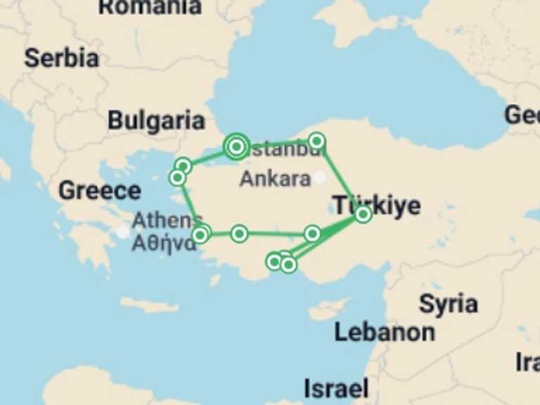 Map of 15-Day Europe Tour with 10 destination visits for the trip: ANZAC Day - Colonel Tour