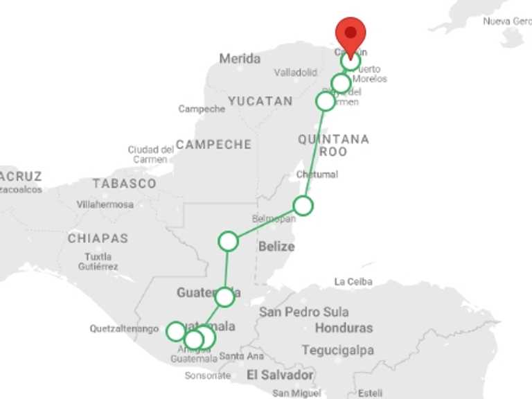 Map itinerary of Central America Tour in Summer with 9 destination visits for the trip: Guatemala, Belize & Mexico Adventure 14D/13N (from Guatemala City)